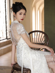 Original Chinese Style Wedding Dress Engagement Ceremony Qipao Luxury Evening Gown Short Sleeve Long Qipao for Women