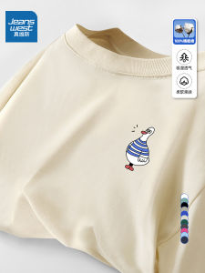 Jeanswest Pure Cotton Short Sleeve T-Shirt Mens Summer New Casual Loose Fit round Neck Top for Youth Fashion Trend Brand