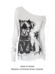 พลัสไซส์ สลิมฟิต เสื้อยืดแขนยาวพิมพ์ลาย American Retro Dog ผู้หญิง ฤดูใบไม้ร่วง ยืดได้ เซ็กซี่ เดือยไหล่เผ็ด เด็กผู้หญิง เสื้อท่อนบน