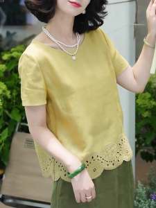 QINGNAER | Stylish Simple Lace Hollow Short Sleeve Shirt for Loose and Plus Size Female Tops