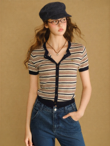 BANANA CICI | Áo Cardigan Len Lụa Sọc Đối Chiếu Vintage Tay Ngắn