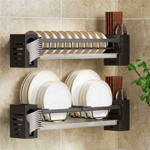 SXH Kitchen Dishes Storage Rack Various Household Items Complete Set Non Perforated Wall Mounted Drain Bowl And Tray Rack