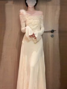 French Style White Lace Knitted One Shoulder Dress Womens Autumn Winter High Waist Fish Tail Gown Long Skirt Elegant Lady
