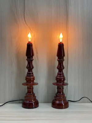 Cặp đèn bàn thờ gỗ tràm + bóng LED - đèn cầy nến bằng gỗ 3 kích thước