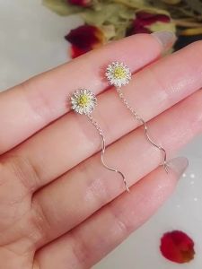 Silver Color Trend Daisy Flower Long Wire Tassel Thread Hanging Earrings For Women Crystal Zircon Piercing Earring Girl Jewelry