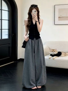 PEIZIXUAN | French Style Black V-Neck Halter Top Wide Leg Pants Suit