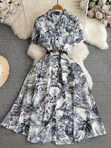 Thanh Lịch Thời Trang Sành Điệu Bẻ Tay Ngắn Bẻ Tay Ngắn Cổ Áo Bị Móc Eo Dáng Chữ A Lụa In Tranh Đầm Sơ Mi Dài Váy