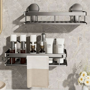 Bathroom No Drill Wall Mounted Suction Cup Shelf Shampoo Bottle Shower Rack Toilet Storage Rack Aluminum Bathroom Kitchen