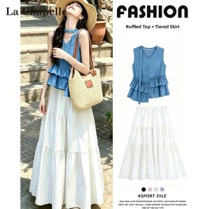 La Chapelle | White Ice Silk Flower Puff Skirt and Vest Set