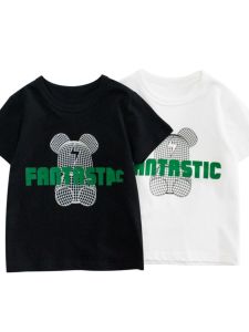 27Kids Pure Cotton Summer Childrens T-Shirt Short Sleeve Baby Boy Bear Clothes Korean Style Straight Cut Cartoon Print