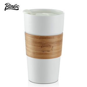 BINCOO Ceramic Coffee Mug Bamboo Sleeve Cup Direct Drinking Hand-brewed Coffee Cup with Ceramic Liner Large Capacity for Office 400ML
