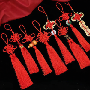 Jiaxun | Red Chinese Knot Hanging Decor With Fu Character Peace Medallion And Emperor Coins