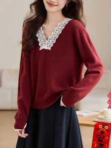 Red Knitted V-neck Sweater Womens Fashionable French Lace Trim Bottom Shirt Spring Autumn Snake Year Chinese Zodiac Top
