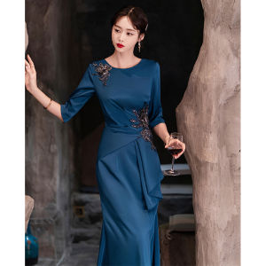 Elegant Blue Evening Gown for Women High-End Luxury Young Mom Wedding Dress Korean Style Mid-Waist Zipper Sleeveless Bodycon