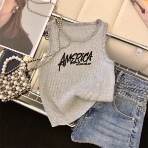 V.C.I | Knitted Ice Silk Letter Print Vintage American Style Sleeveless Tank Top