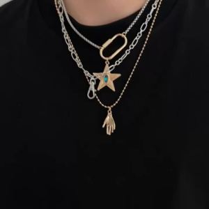 Ingemark | Ingemark 3 Pcs/Set Trendy Star Palm Key Pendant Necklace for Men Hip Hop Retro Multi Layer Thick Metal Chain Jewelry on the Neck