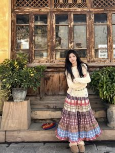 Colorful Plaid Print Patchwork High Waist Maxi Skirt Womens Autumn New Style Retro Ethnic Style Half-length A-Line Skirt