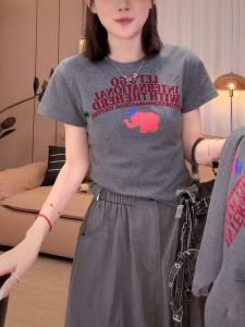 Three-Dimensional Flocking Letter Print round Neck Short Sleeve T-shirt Female 2024 Summer New Arrival Fashion All-Matching Slim Looking Tops Fashion