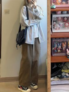 Deep Brown American Wide Leg Work Pants Womens Spring 2025 Loose BF Lazy Style Straight Casual Trousers High Waist Long Cotton