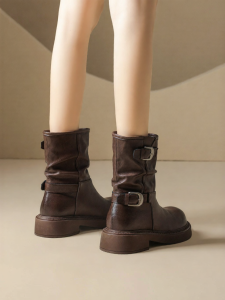Josiny | Thick Sole Retro Brown Boots with Belt Buckle Mid Calf