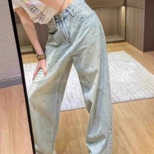 Heavy Duty Rhinestone Denim High Waist Wide Leg Straight Leg Pants Spring Summer New Style Light Blue Loose Long Trousers Women