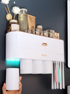 Bathroom Wall-Mounted Toothbrush Holder Suction Cup Dental Care Organizer Plastic Toothpaste Squeezer Storage Rack for Tiles