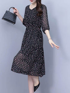 DAIXIANGFEIZI | Đầm Voan Hoa Mid-length Tay 7/8