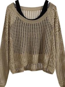 เสื้อสเวตเตอร์ถักแขนยาวผู้หญิงฤดูใบไม้ผลิและฤดูร้อนใหม่ เสื้อคลุมยาวสั้นแบบถักวัสดุโพลีเอสเตอร์ที่มีความรู้สึกเป็นผ้าไหม ชุดเสื้อผ้าแบบสวมหัว