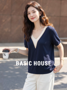 Basic House | Color Block Faux Two-piece V-neck Short Sleeve Knit Top