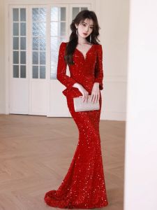 Red Long Sleeve Wedding Dress Sensation Formal Evening Gown for Women Engagement Party Dresses Elegant Fish Tail Sequin