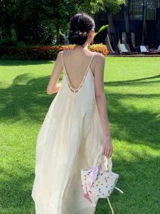 Pháp Retro Thêu Dây Cổ Dài Đầm Rời Thiết Kế Thanh Lịch Gợi Cảm Kỳ Nghỉ Gió Sợi Polyester Đơn Cổ Tròn