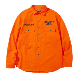 ชุดนักโทษสไตล์อเมริกันแบรนด์แฟชั่นระเบิดนิวเคลียร์เสื้อเชิ้ตผ้าฝ้ายแท้สีส้มสำหรับฤดูใบไม้ผลิเสื้อเชิ้ตแขนยาวทรงหลวมไซส์ใหญ่แบบลำลองชุดใส่ทำงาน