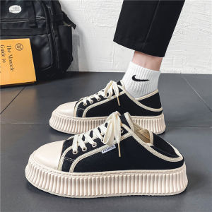 Mens Canvas Shoes Summer Breathable Slip-On Thick Bottom Slip-Resistant Casual Low Top Sneakers Korean Style Flat Heel