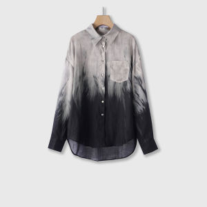 Artistic Watercolor Loose Fit Shirt And Midi Skirt Set Tie Dye Linen Material Two Piece Womens Fashion Ensemble Long Sleeve Turn down Collar