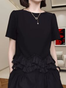 Elegant Black Short Sleeve T-Shirt Womens round Neck Ruffle Design Fashionable Top Korean Style Loose Fit Summer Shirt