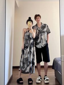 Couples Beach Vacation Style Womens Dress Summer New Arrival High Waist round Neck A-Line Long Skirt without Sleeve Knitted Fabric