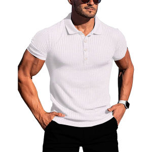 Elastic Short Sleeve Polo Shirt Mens Fitness Sporty Casual Style Thin Fabric Machine Washable All Seasons Striped Pattern
