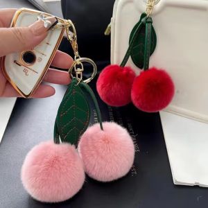 Cute Fluffy Rex Rabbit Fur Ball Pompom Leaf Keychain Cherry Key Chain Handbag Pendant Car Key Chain Ring