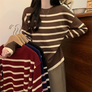 Korean Style Striped Knitwear For Women Loose Long Sleeved Blouse Round Neck Top baju perempuan