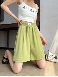 กางเกงขาสั้นผ้าไหมน้ำแข็งหลวมๆ สำหรับผู้หญิงไซส์ใหญ่ ทรงสลิมฟิต กางเกงขายาวทรงสปอร์ต 5 นิ้ว ทรงหลวมๆ สำหรับฤดูร้อนปี 2025