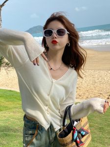 White Ice Silk Knitted Short Cardigan Womens Spring Summer Thin Outerwear Vest Top with Sling Skirt Korean Style Loose Fit