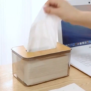 Kotak Tisu Aesthetic Transparan Tutup Kayu  Kotak Tisu Kayu Bening Tempat Tisu Plastik Aesthetic
