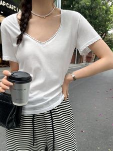 Ruckmode Loose V-neck Short-sleeved T-shirt Womens Summer New Style High-grade Feeling Casual Comfortable Pure Color Top