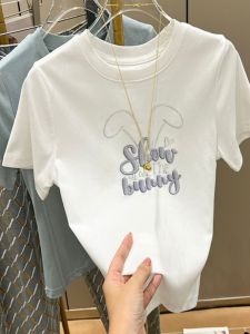 White Shoulder Short Sleeve T-Shirt Womens 100% Cotton Coat Summer 2024 New Arrival Silm All-Matching Printed T-shirt Ins Fashion