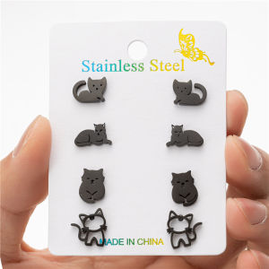 4Pairs/Lot Fashion Cat Stainless Steel Stud Earrings for Women Lovely Happy Kitten Earings Everyday Jewelry Ear Piercing Gift