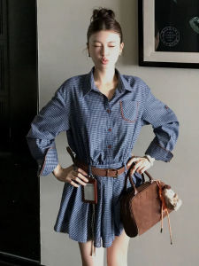 Ge·an·fei | Plaid Long Sleeve Shirt Dress Waist-Accentuating A-Line Short Skirt