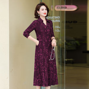 Elegant Mid-Aged Womens Autumn Dress Long Sleeve Cheongsam Style Midi Dress Korean Version Slim Fit Polyester Fiber Dress