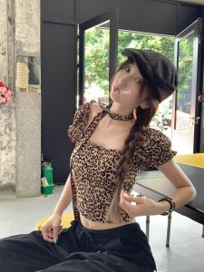Retro Spicy Girl Square Collar Bubble Sleeve Leopard Print Short Sleeve T-shirt Womens Summer Design Slim Fit Crop Top