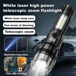Super Bright Flashlight Strong Light Rechargeable Outdoor Laser Home Small Mini Portable Durable Multi-Function Long-Range New White Laser P50 Telescopic Zoom High-Power Strong Light Flashlight Red and Blue Flash Flashlight