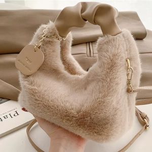 Women Faux Fur Plush Handbags Ruched Handle Small Lady Shoulder Crossbody Bag Cute Fashion Solid Color Soft Underarm Bags